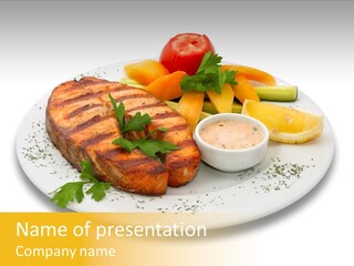 Grilled Salmon Fish With Fresh Vegetables On Plate. Isolated On White. PowerPoint Template