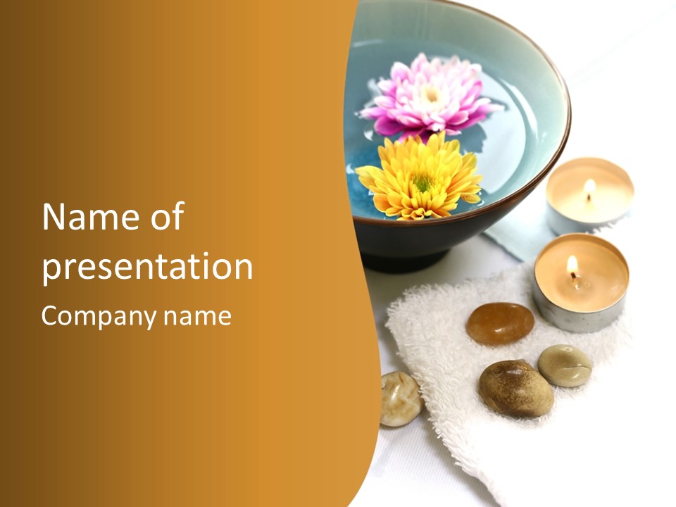 Beauty And Health Setting. A White Towel With Therapy Stones And A Bowl Of Floral Scented Water. PowerPoint Template