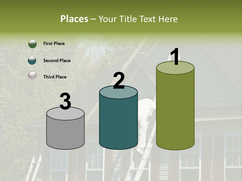 Worker Doing Home Improvement Climbs A Ladder To The Peak Of A Two Story Single Family Home. PowerPoint Template