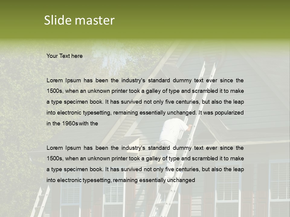 Worker Doing Home Improvement Climbs A Ladder To The Peak Of A Two Story Single Family Home. PowerPoint Template