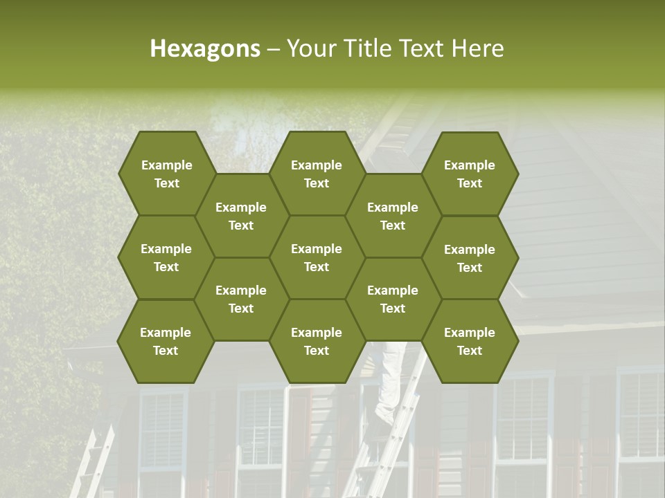 Worker Doing Home Improvement Climbs A Ladder To The Peak Of A Two Story Single Family Home. PowerPoint Template