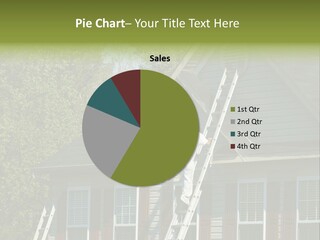 Worker Doing Home Improvement Climbs A Ladder To The Peak Of A Two Story Single Family Home. PowerPoint Template