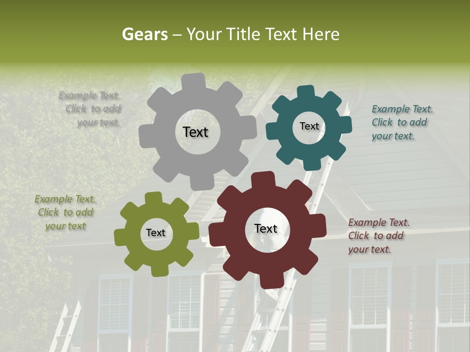 Worker Doing Home Improvement Climbs A Ladder To The Peak Of A Two Story Single Family Home. PowerPoint Template