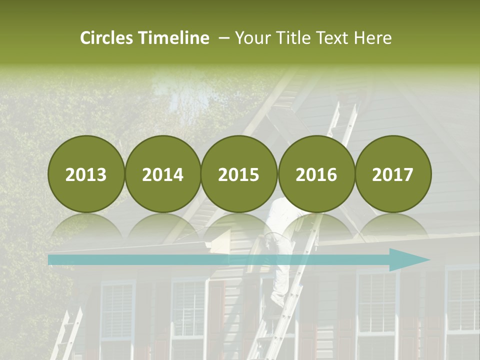 Worker Doing Home Improvement Climbs A Ladder To The Peak Of A Two Story Single Family Home. PowerPoint Template