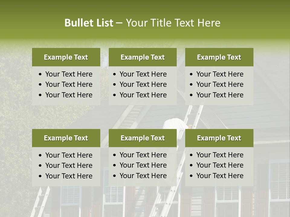 Worker Doing Home Improvement Climbs A Ladder To The Peak Of A Two Story Single Family Home. PowerPoint Template