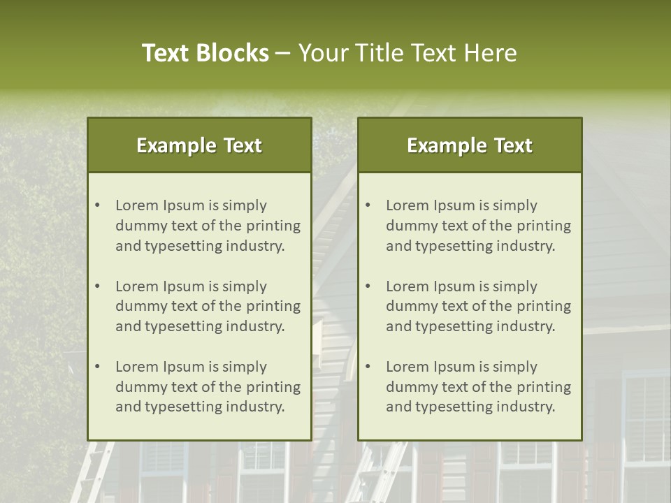 Worker Doing Home Improvement Climbs A Ladder To The Peak Of A Two Story Single Family Home. PowerPoint Template