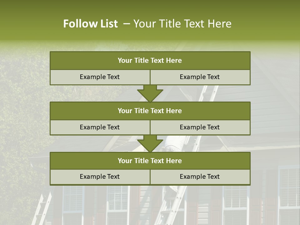Worker Doing Home Improvement Climbs A Ladder To The Peak Of A Two Story Single Family Home. PowerPoint Template