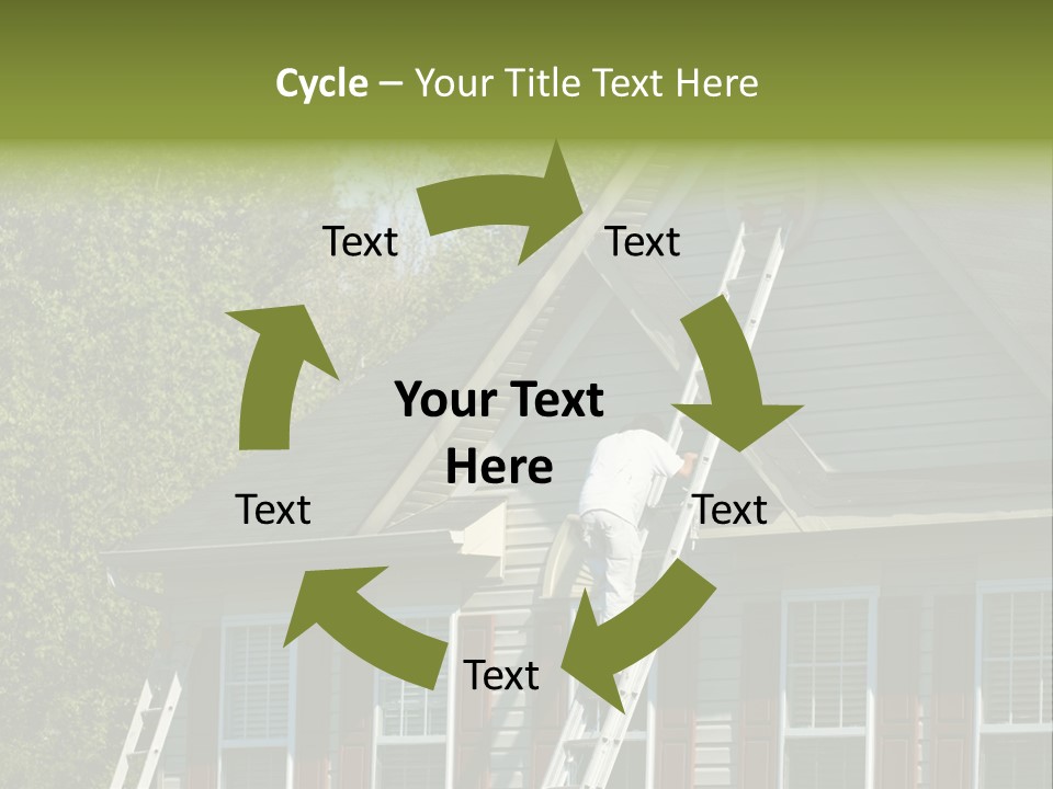 Worker Doing Home Improvement Climbs A Ladder To The Peak Of A Two Story Single Family Home. PowerPoint Template