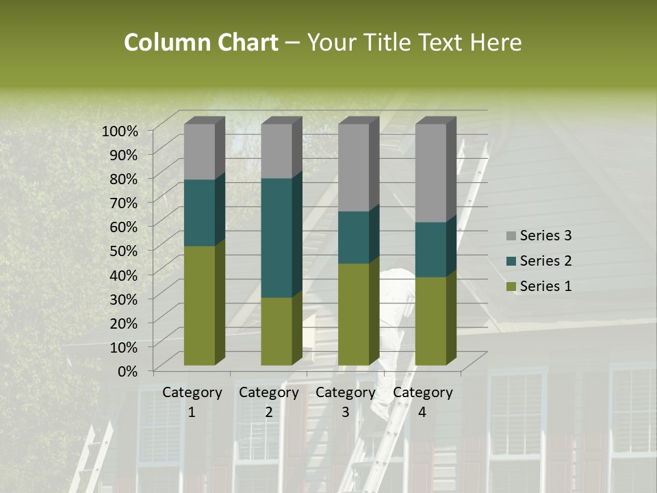 Worker Doing Home Improvement Climbs A Ladder To The Peak Of A Two Story Single Family Home. PowerPoint Template
