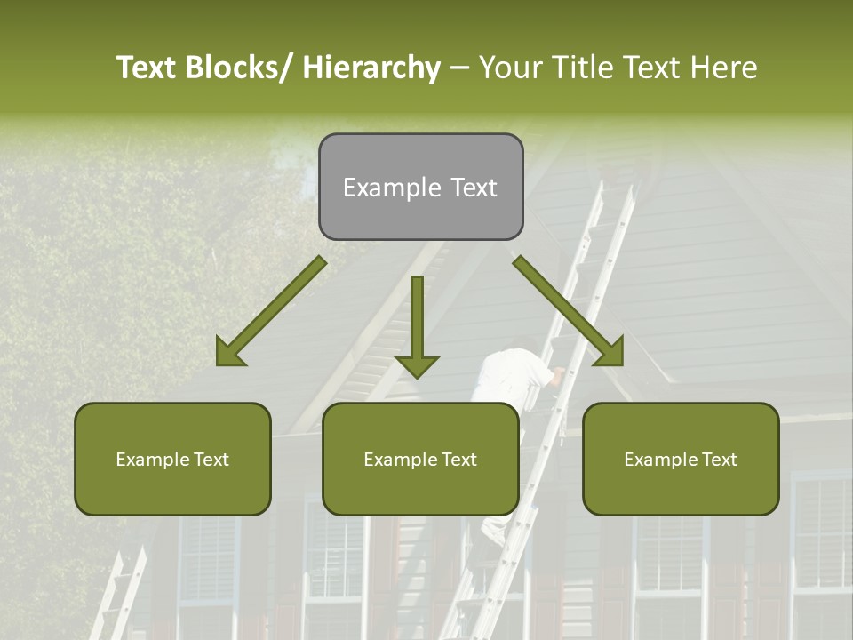 Worker Doing Home Improvement Climbs A Ladder To The Peak Of A Two Story Single Family Home. PowerPoint Template