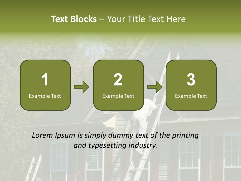 Worker Doing Home Improvement Climbs A Ladder To The Peak Of A Two Story Single Family Home. PowerPoint Template