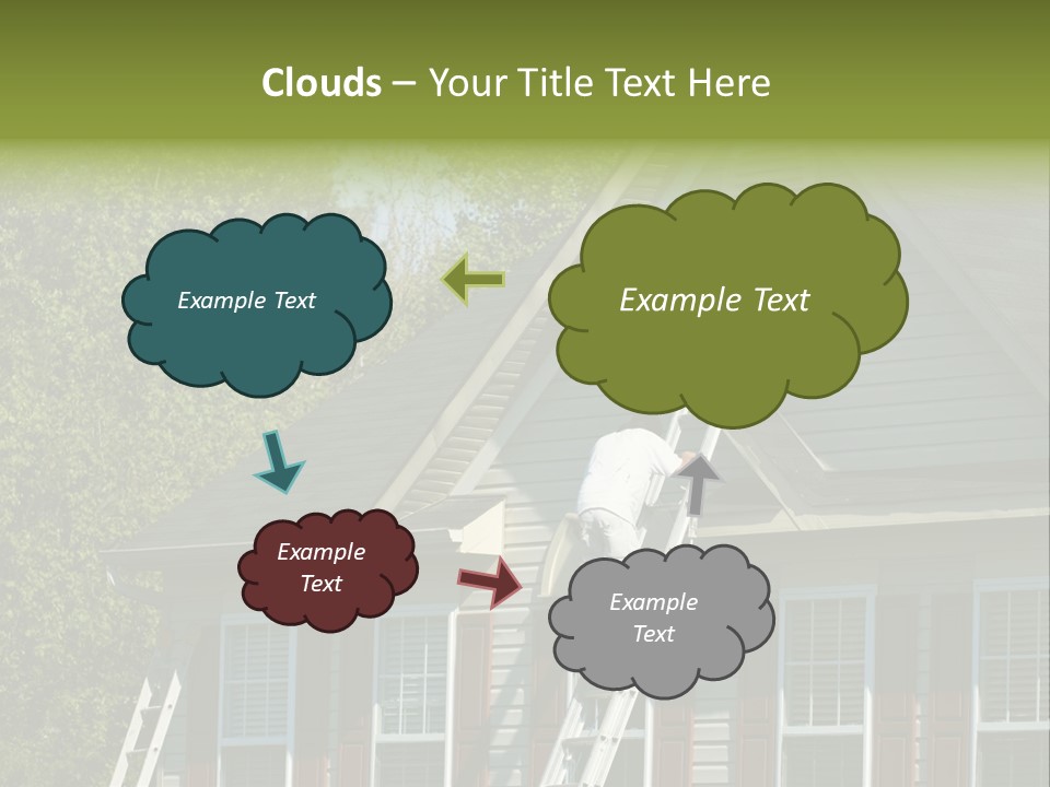 Worker Doing Home Improvement Climbs A Ladder To The Peak Of A Two Story Single Family Home. PowerPoint Template