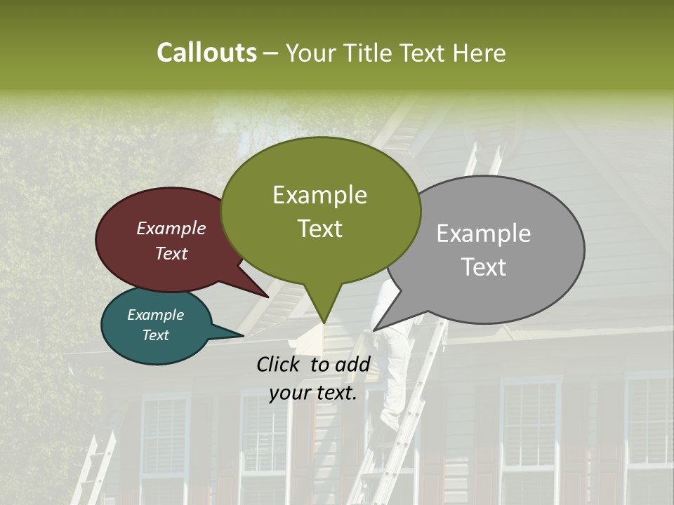 Worker Doing Home Improvement Climbs A Ladder To The Peak Of A Two Story Single Family Home. PowerPoint Template
