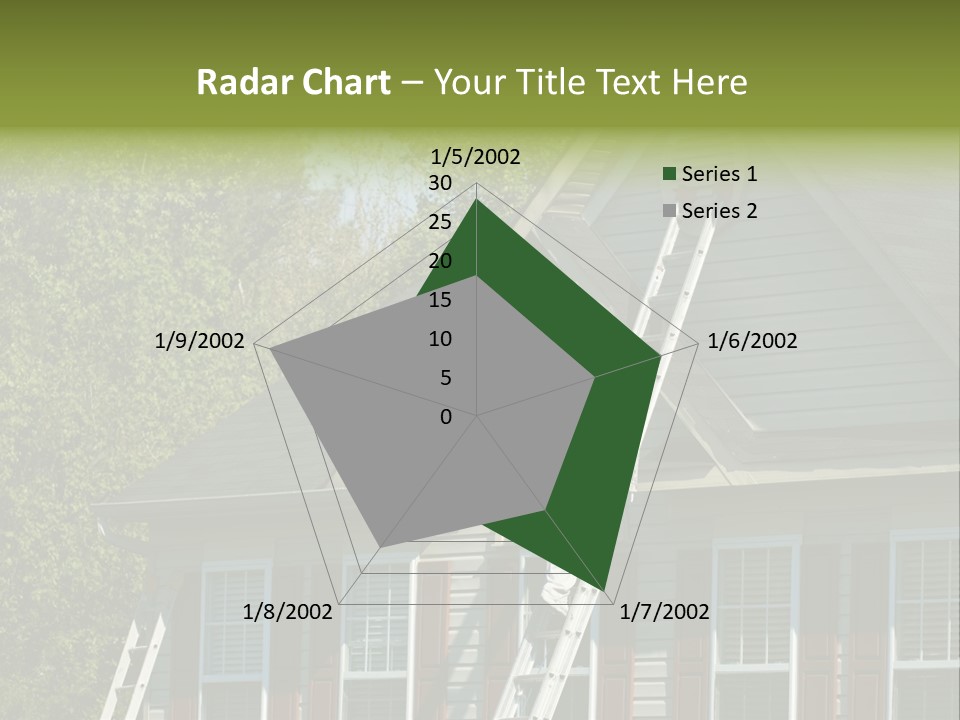 Worker Doing Home Improvement Climbs A Ladder To The Peak Of A Two Story Single Family Home. PowerPoint Template