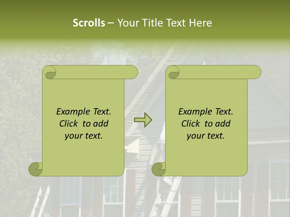 Worker Doing Home Improvement Climbs A Ladder To The Peak Of A Two Story Single Family Home. PowerPoint Template
