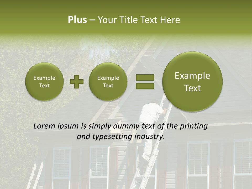 Worker Doing Home Improvement Climbs A Ladder To The Peak Of A Two Story Single Family Home. PowerPoint Template