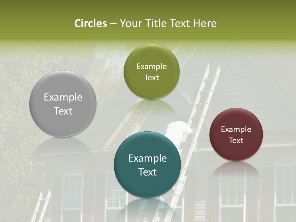 Worker Doing Home Improvement Climbs A Ladder To The Peak Of A Two Story Single Family Home. PowerPoint Template