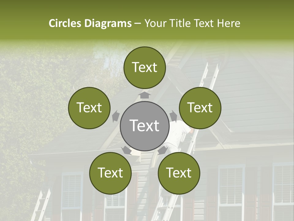 Worker Doing Home Improvement Climbs A Ladder To The Peak Of A Two Story Single Family Home. PowerPoint Template