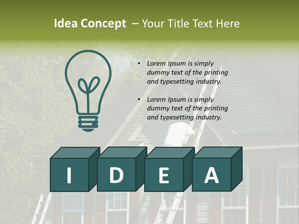 Worker Doing Home Improvement Climbs A Ladder To The Peak Of A Two Story Single Family Home. PowerPoint Template