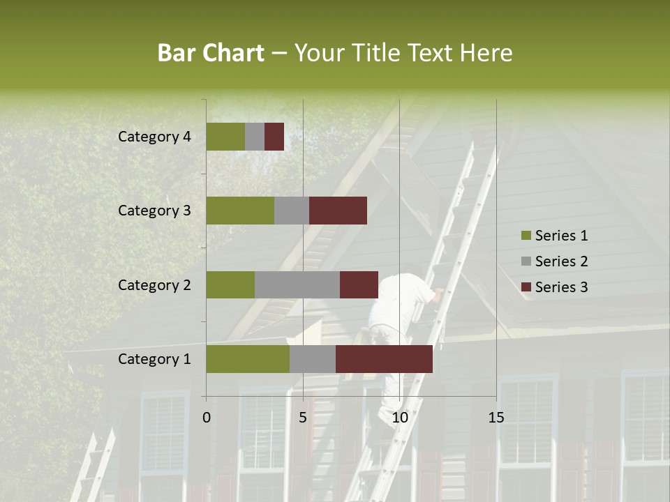 Worker Doing Home Improvement Climbs A Ladder To The Peak Of A Two Story Single Family Home. PowerPoint Template