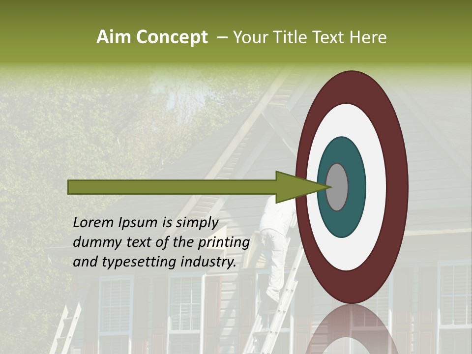 Worker Doing Home Improvement Climbs A Ladder To The Peak Of A Two Story Single Family Home. PowerPoint Template