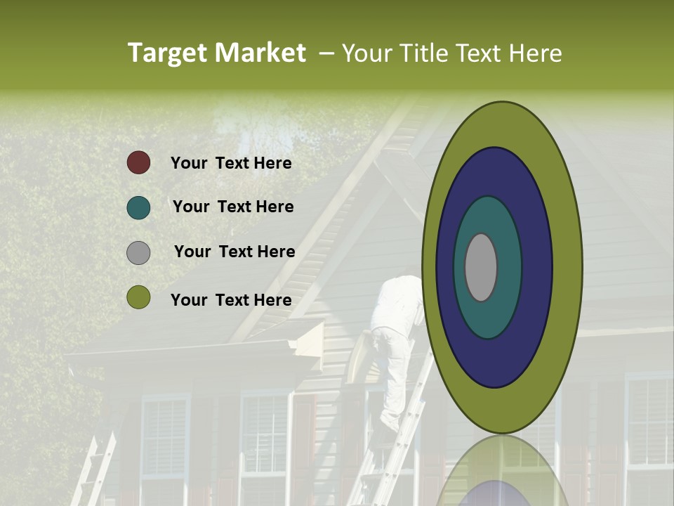 Worker Doing Home Improvement Climbs A Ladder To The Peak Of A Two Story Single Family Home. PowerPoint Template