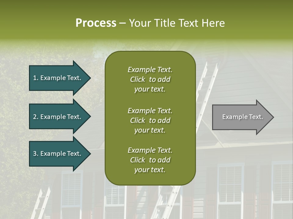 Worker Doing Home Improvement Climbs A Ladder To The Peak Of A Two Story Single Family Home. PowerPoint Template