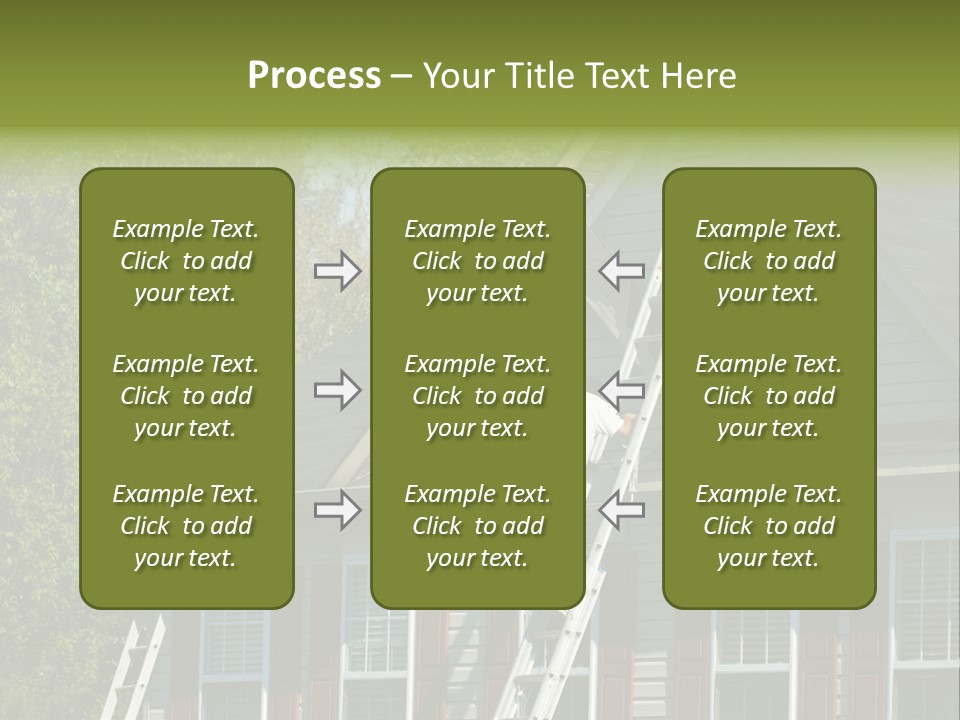 Worker Doing Home Improvement Climbs A Ladder To The Peak Of A Two Story Single Family Home. PowerPoint Template