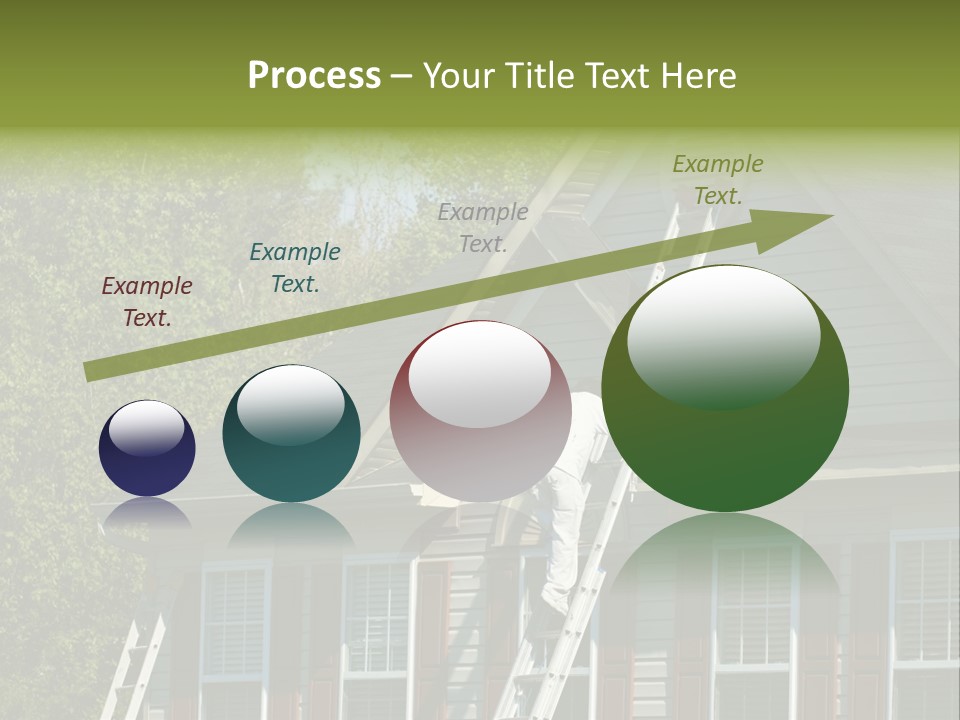 Worker Doing Home Improvement Climbs A Ladder To The Peak Of A Two Story Single Family Home. PowerPoint Template