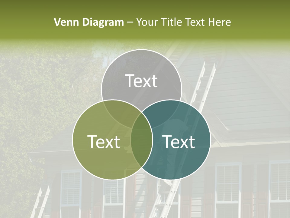 Worker Doing Home Improvement Climbs A Ladder To The Peak Of A Two Story Single Family Home. PowerPoint Template