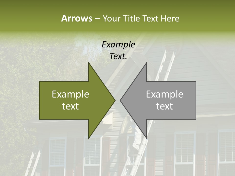 Worker Doing Home Improvement Climbs A Ladder To The Peak Of A Two Story Single Family Home. PowerPoint Template