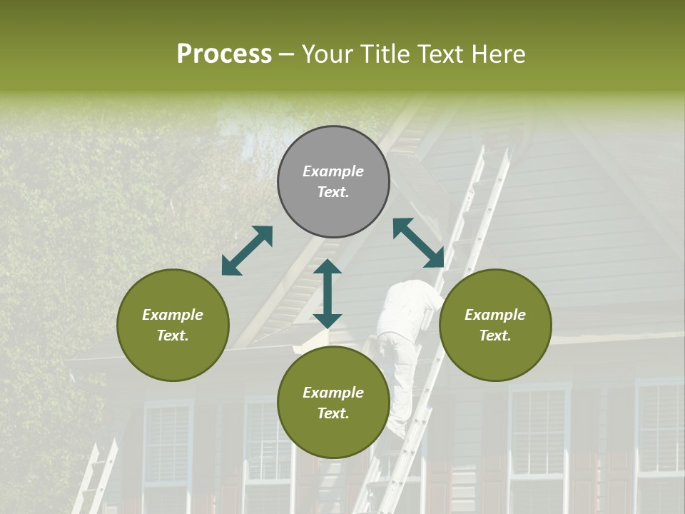 Worker Doing Home Improvement Climbs A Ladder To The Peak Of A Two Story Single Family Home. PowerPoint Template
