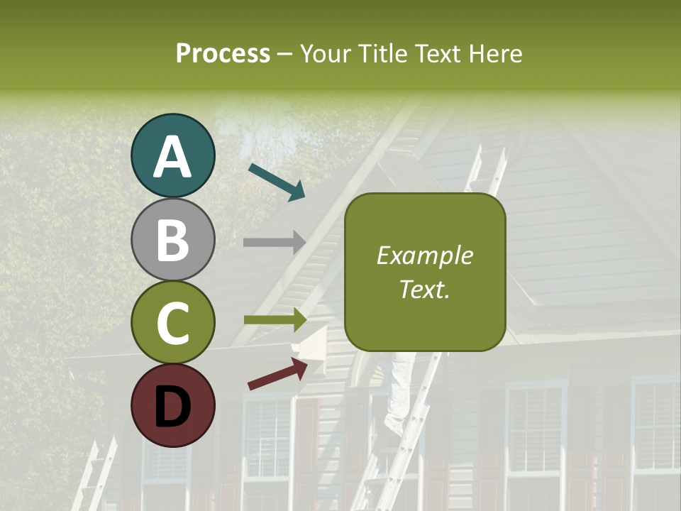 Worker Doing Home Improvement Climbs A Ladder To The Peak Of A Two Story Single Family Home. PowerPoint Template