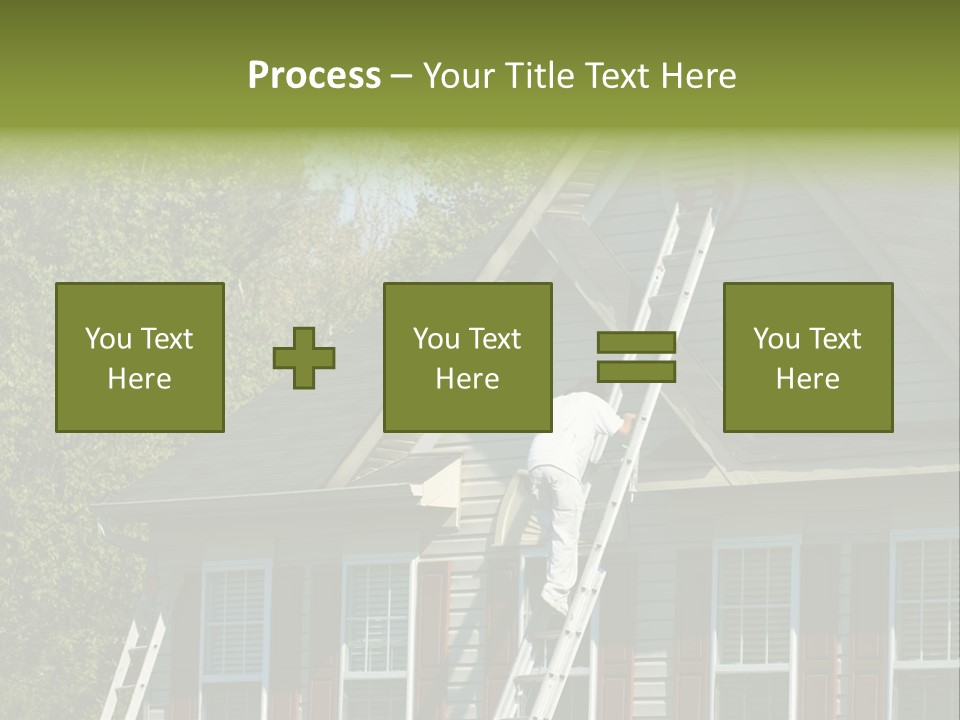 Worker Doing Home Improvement Climbs A Ladder To The Peak Of A Two Story Single Family Home. PowerPoint Template
