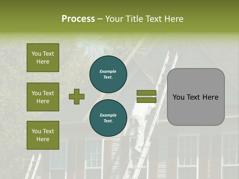 Worker Doing Home Improvement Climbs A Ladder To The Peak Of A Two Story Single Family Home. PowerPoint Template
