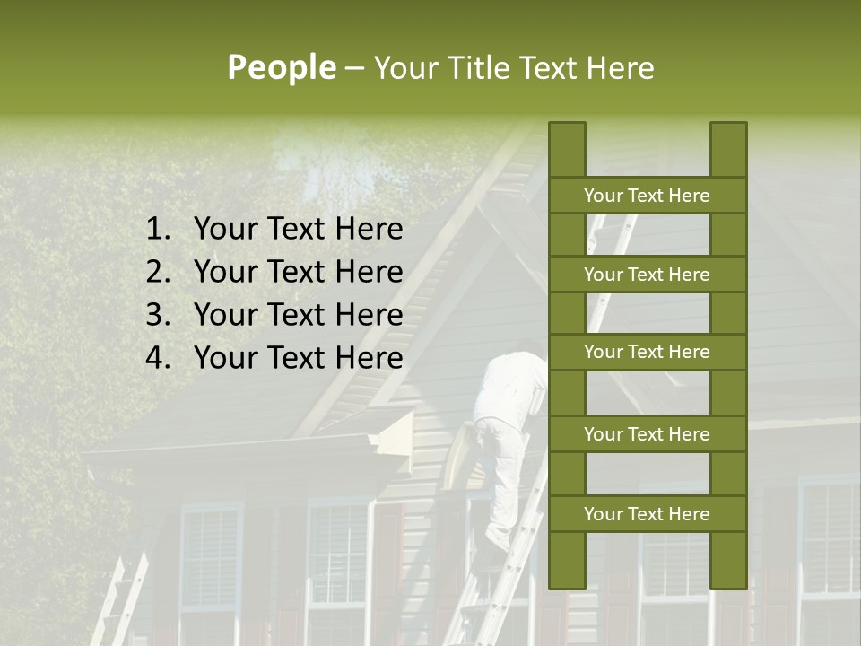 Worker Doing Home Improvement Climbs A Ladder To The Peak Of A Two Story Single Family Home. PowerPoint Template