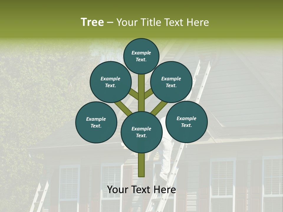 Worker Doing Home Improvement Climbs A Ladder To The Peak Of A Two Story Single Family Home. PowerPoint Template