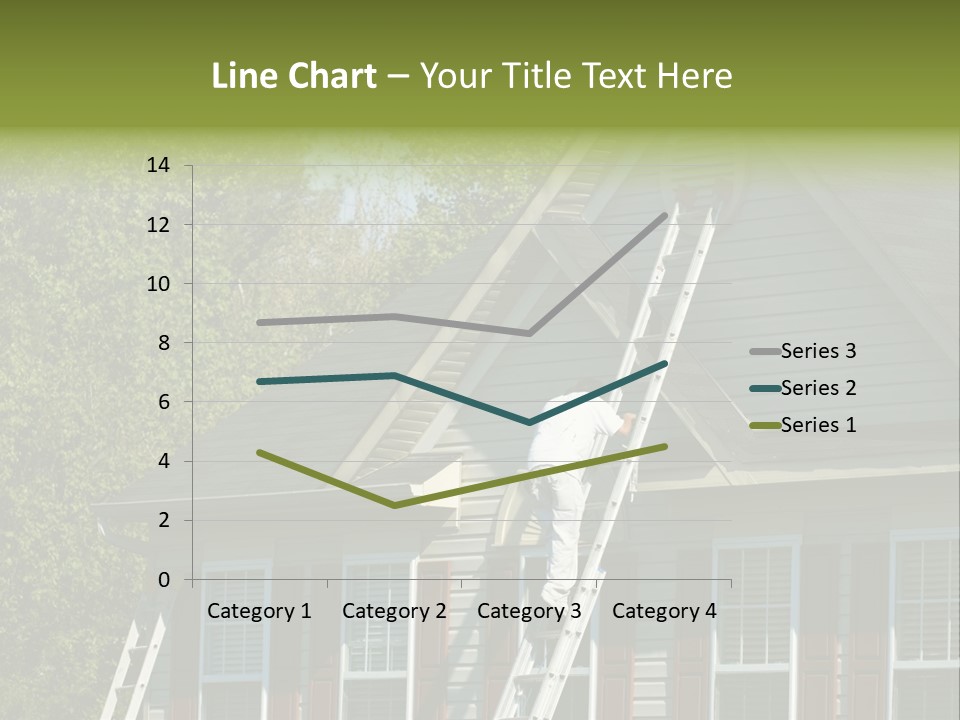 Worker Doing Home Improvement Climbs A Ladder To The Peak Of A Two Story Single Family Home. PowerPoint Template