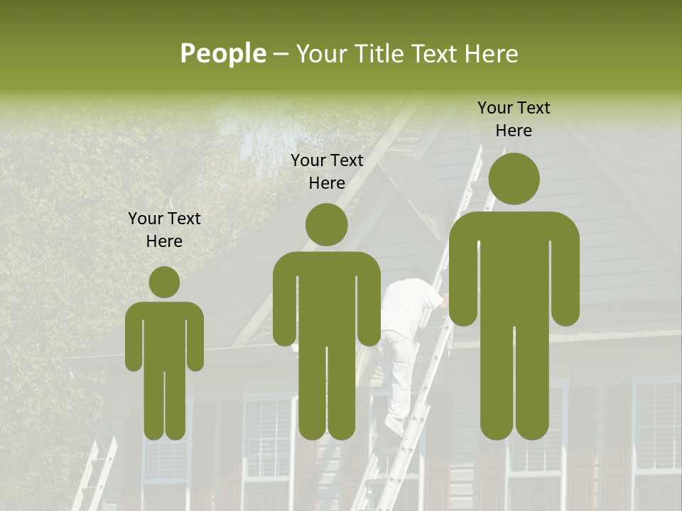 Worker Doing Home Improvement Climbs A Ladder To The Peak Of A Two Story Single Family Home. PowerPoint Template