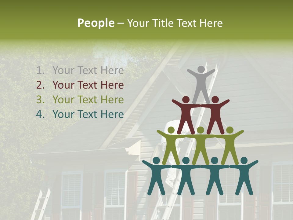 Worker Doing Home Improvement Climbs A Ladder To The Peak Of A Two Story Single Family Home. PowerPoint Template