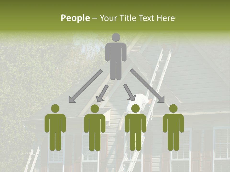 Worker Doing Home Improvement Climbs A Ladder To The Peak Of A Two Story Single Family Home. PowerPoint Template