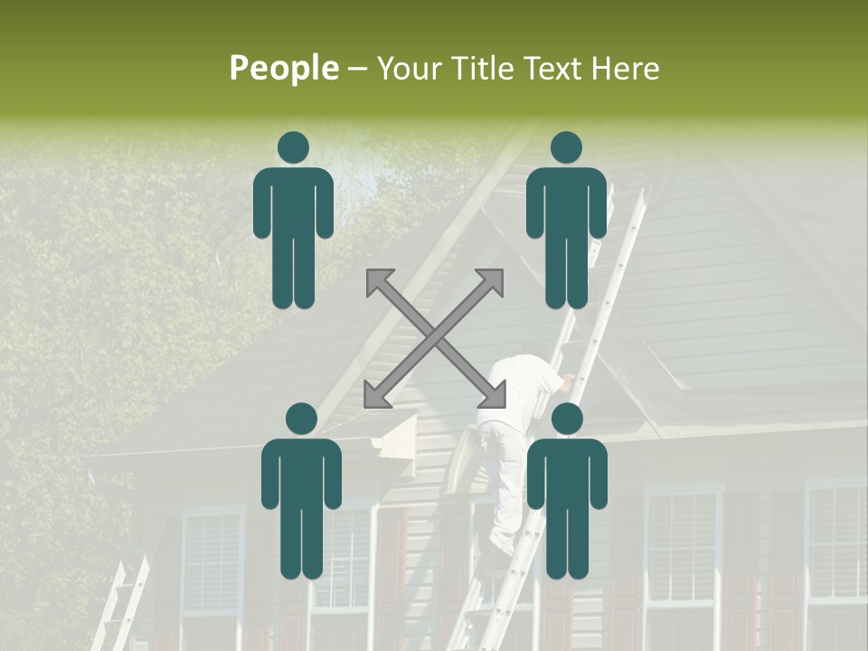 Worker Doing Home Improvement Climbs A Ladder To The Peak Of A Two Story Single Family Home. PowerPoint Template