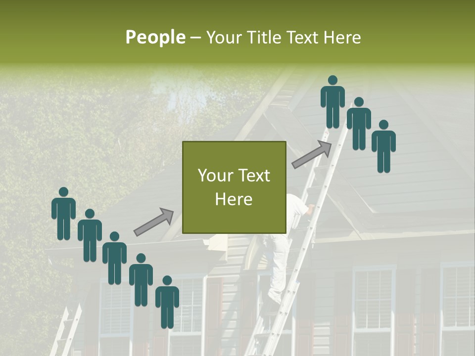 Worker Doing Home Improvement Climbs A Ladder To The Peak Of A Two Story Single Family Home. PowerPoint Template