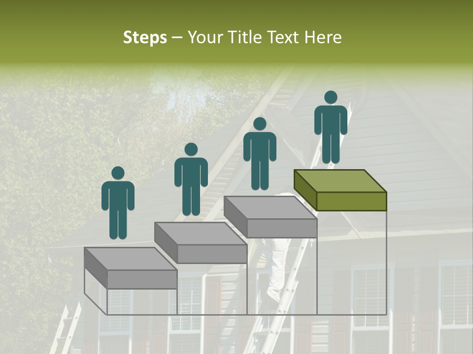 Worker Doing Home Improvement Climbs A Ladder To The Peak Of A Two Story Single Family Home. PowerPoint Template