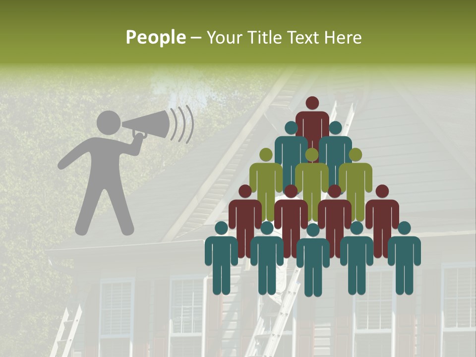 Worker Doing Home Improvement Climbs A Ladder To The Peak Of A Two Story Single Family Home. PowerPoint Template