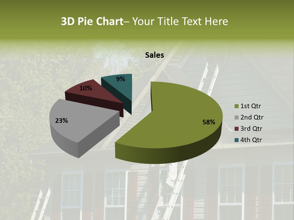 Worker Doing Home Improvement Climbs A Ladder To The Peak Of A Two Story Single Family Home. PowerPoint Template
