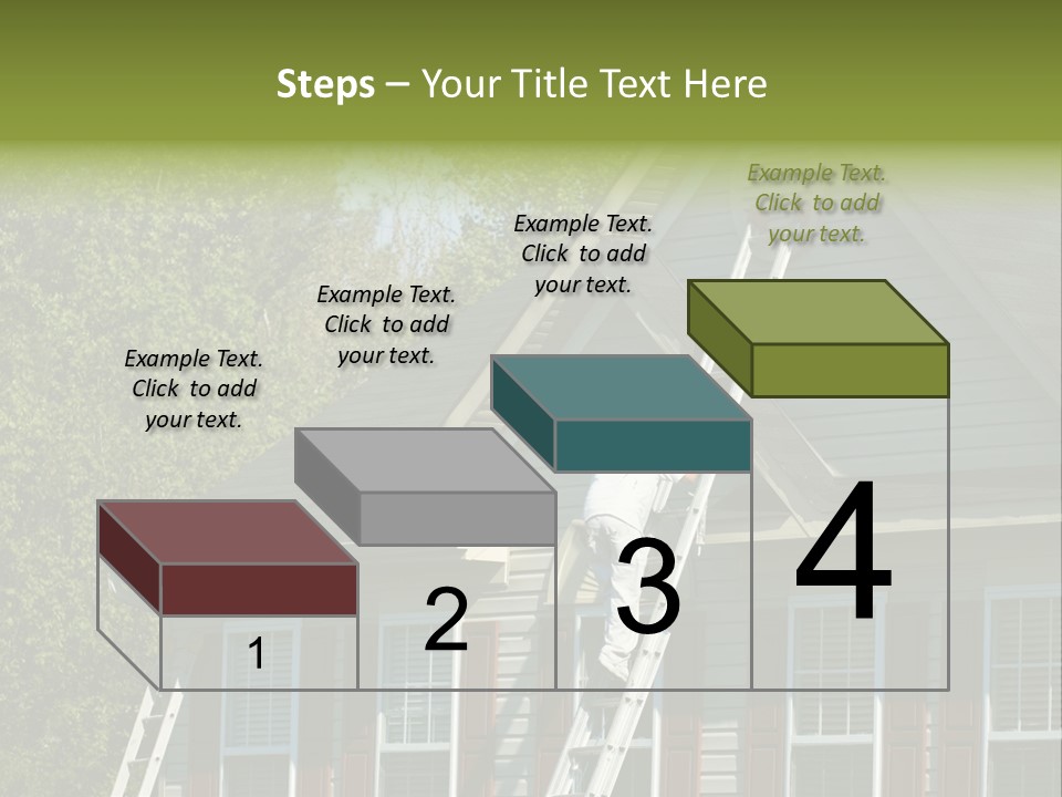 Worker Doing Home Improvement Climbs A Ladder To The Peak Of A Two Story Single Family Home. PowerPoint Template