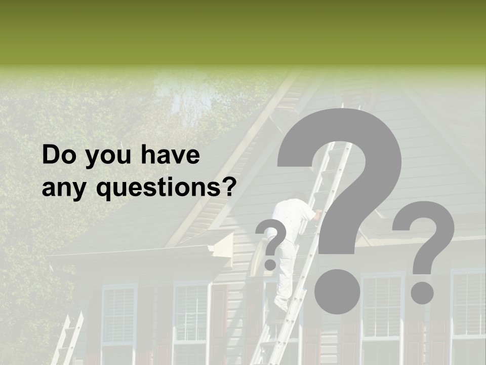 Worker Doing Home Improvement Climbs A Ladder To The Peak Of A Two Story Single Family Home. PowerPoint Template