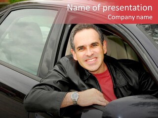 Smiling Man Looking From A Car Window PowerPoint Template