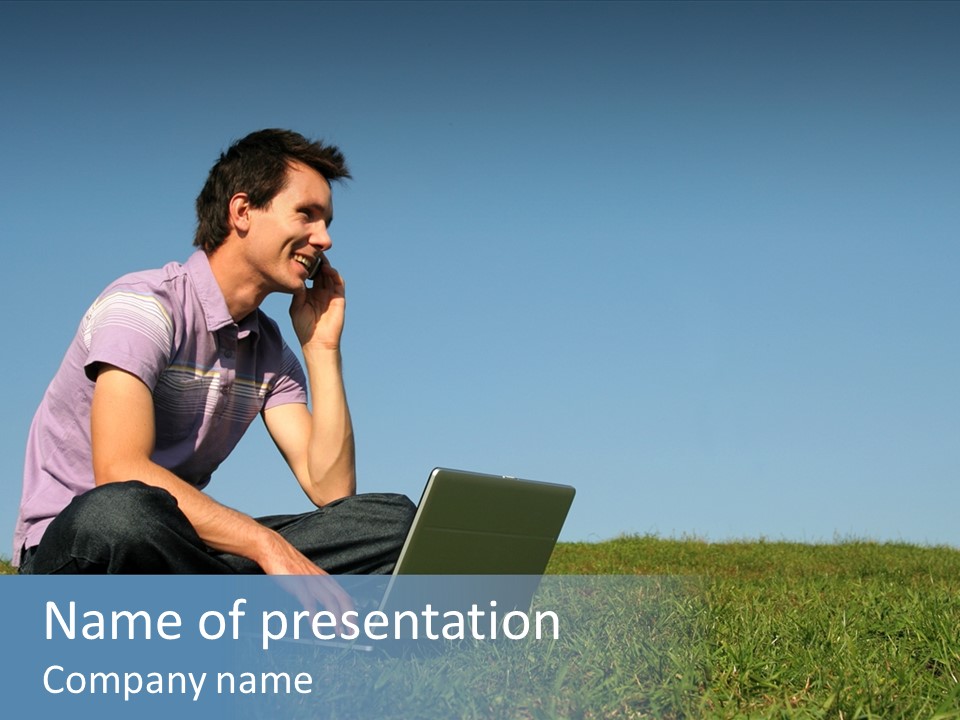 Man Using A Laptop Outdoors PowerPoint Template